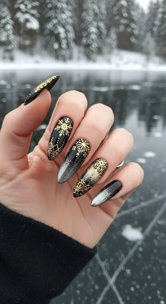 Black and Gold Winter Nails