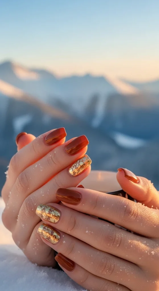 Brown and Gold Accent Nails
