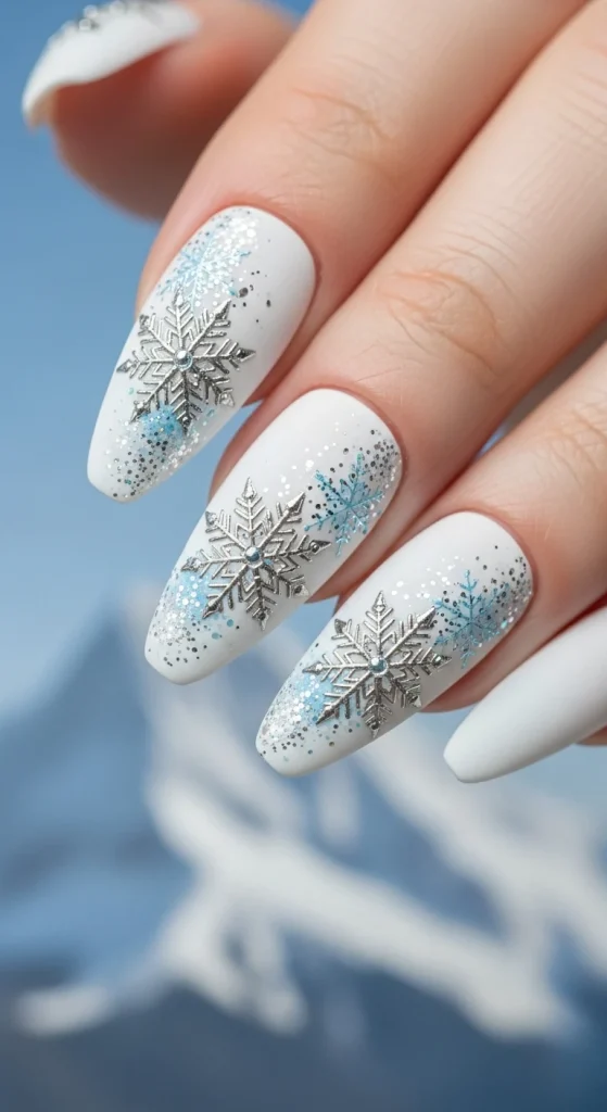 Frosty White Snowflake Nails