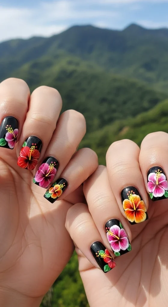 Black Base Hibiscus Nails
