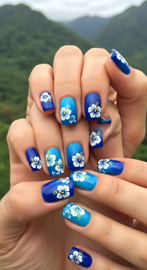 Blue Ocean Hibiscus Nails
