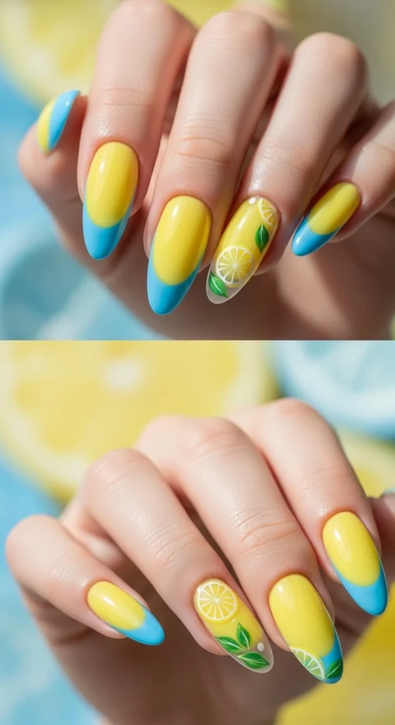 Blue Tips on Lemon Nails