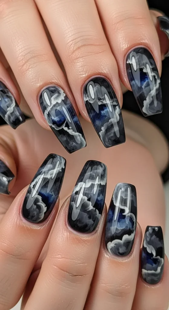Charcoal Storm Swirl Nails