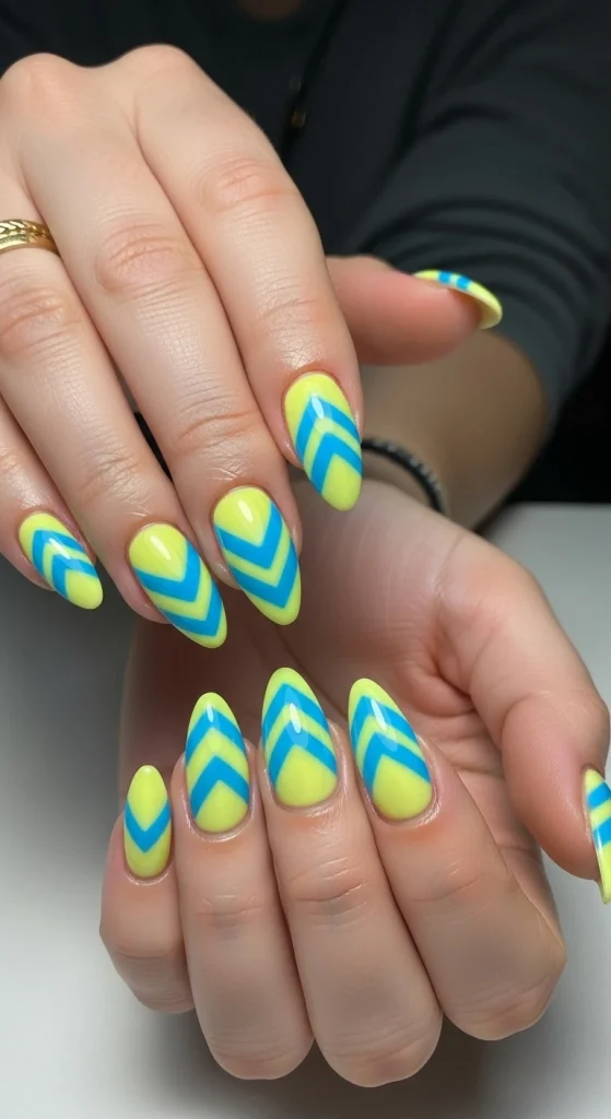 Chevron Lemon and Blue Nails