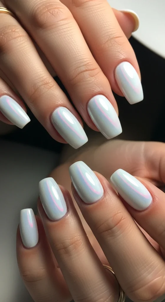 Chrome Glow White Nails