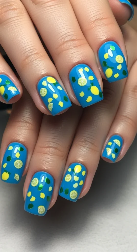 Confetti Lemon Accents on Blue Nails