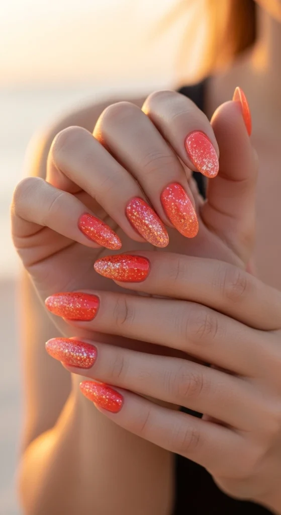 Coral Sunset Sparkle Nails