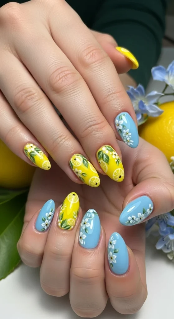 Floral Lemon and Blue Nails