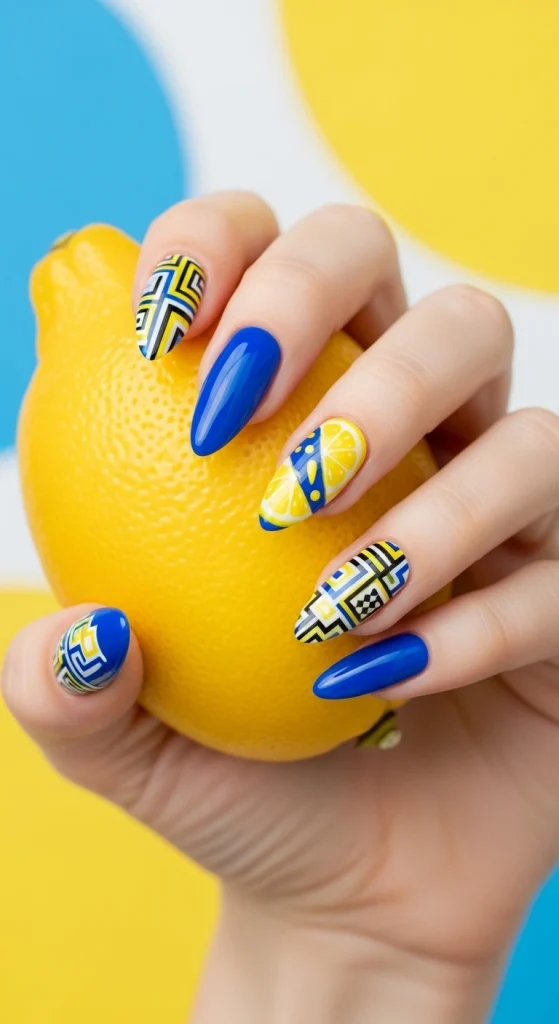 Geometric Lemon and Blue Nails