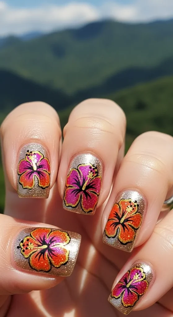 Glitter Hibiscus Flower Nail Art