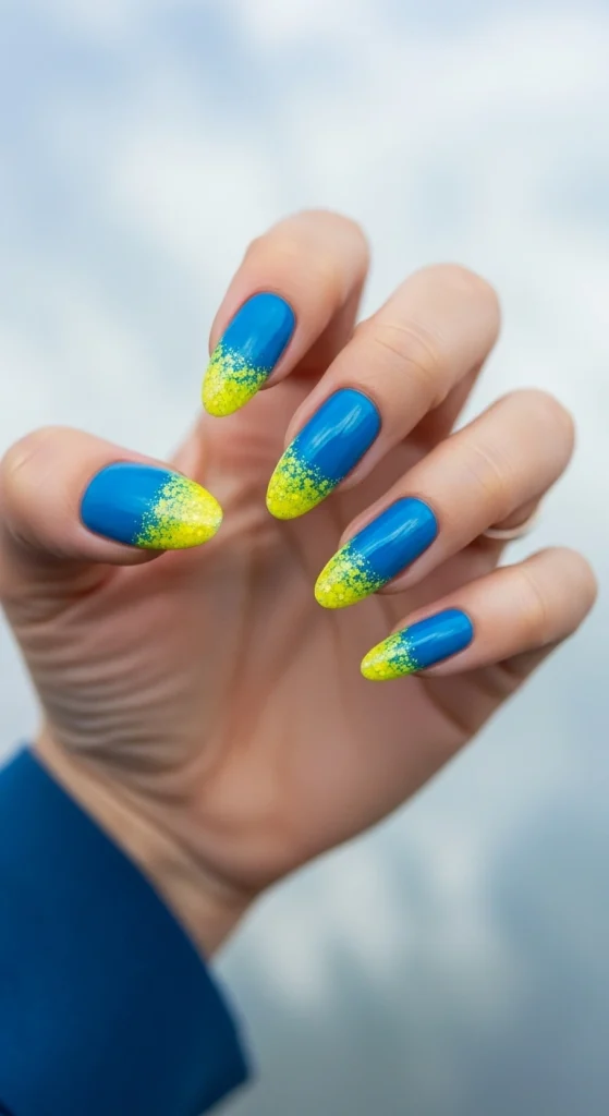 Glitter Lemon Tips on Blue Nails