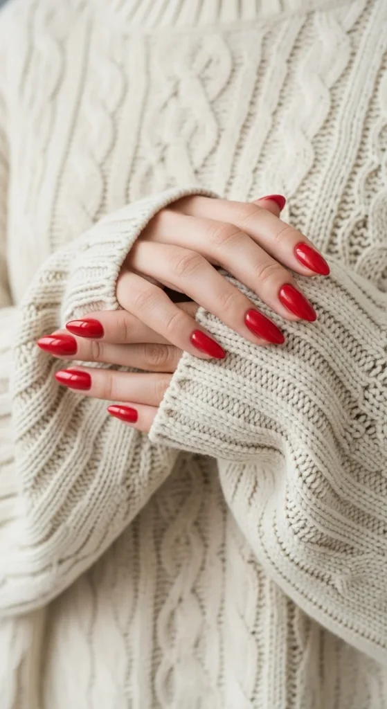 Glossy Red Almond Nails