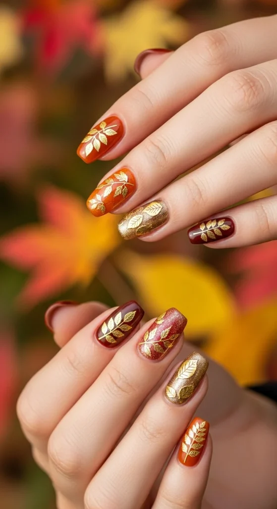 Golden Leaf Details Nails