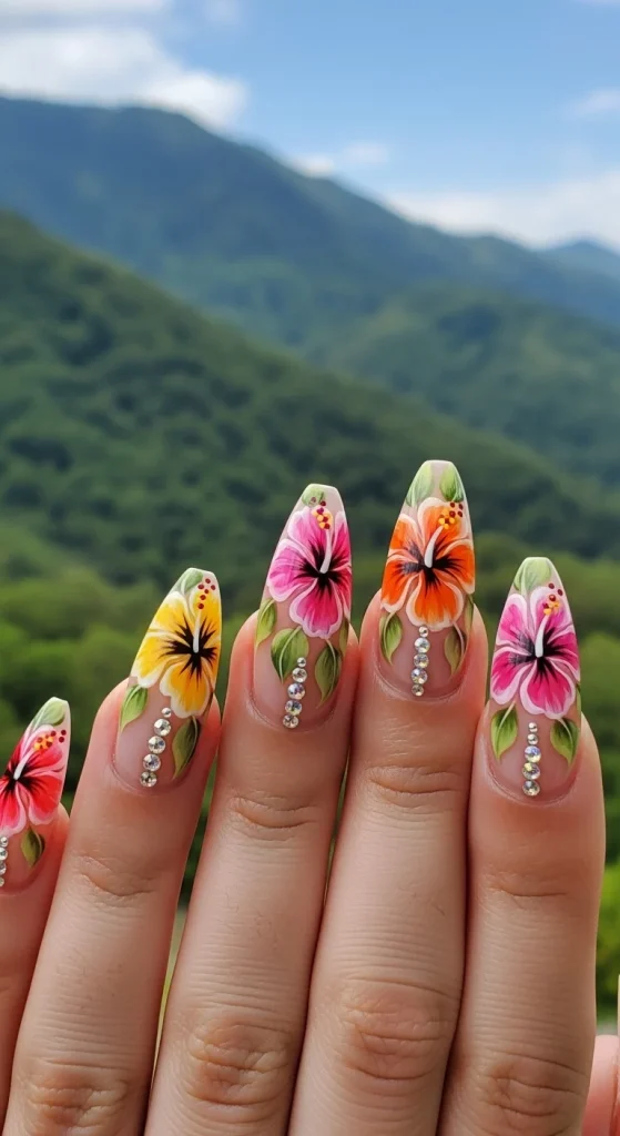 Hibiscus Nails with Rhinestones
