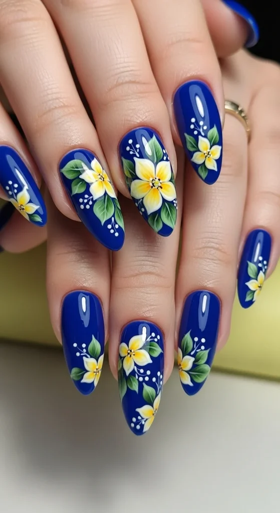 Lemon Flower Designs on Blue Nails