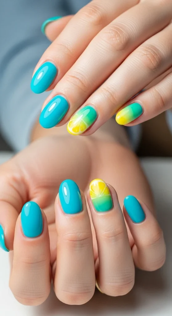 Lemon Gradient Over Blue Nails