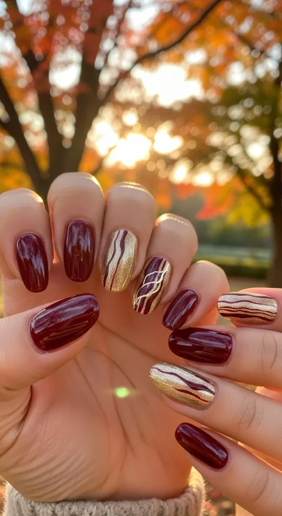 Maroon and Gold Combo Nails