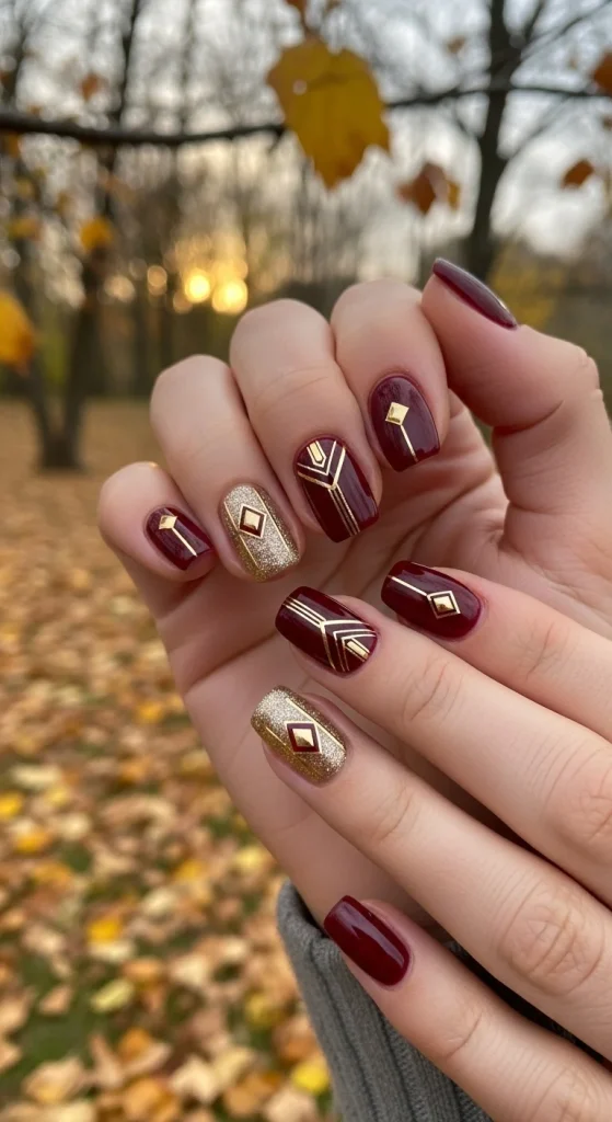 Maroon and Gold Mix Nails