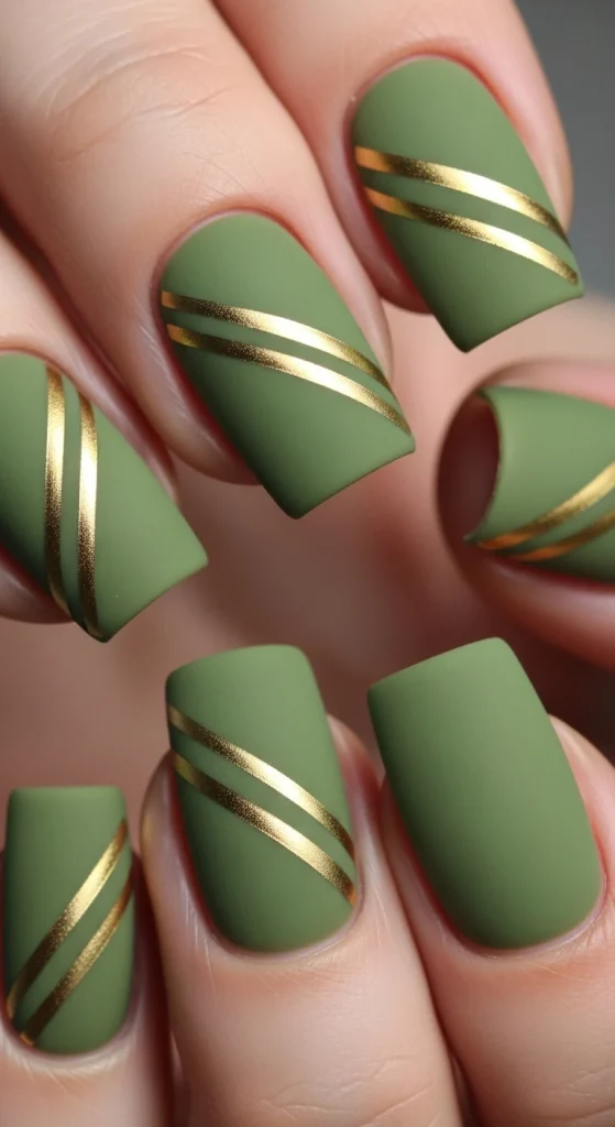 Metallic Olive Stripe Nails