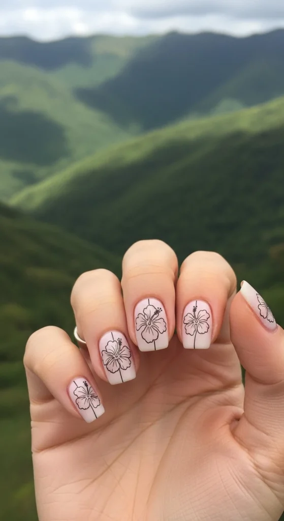 Minimalist Hibiscus Outline Nails