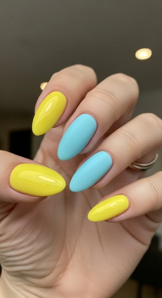 Mixed Finish Lemon and Blue Nails