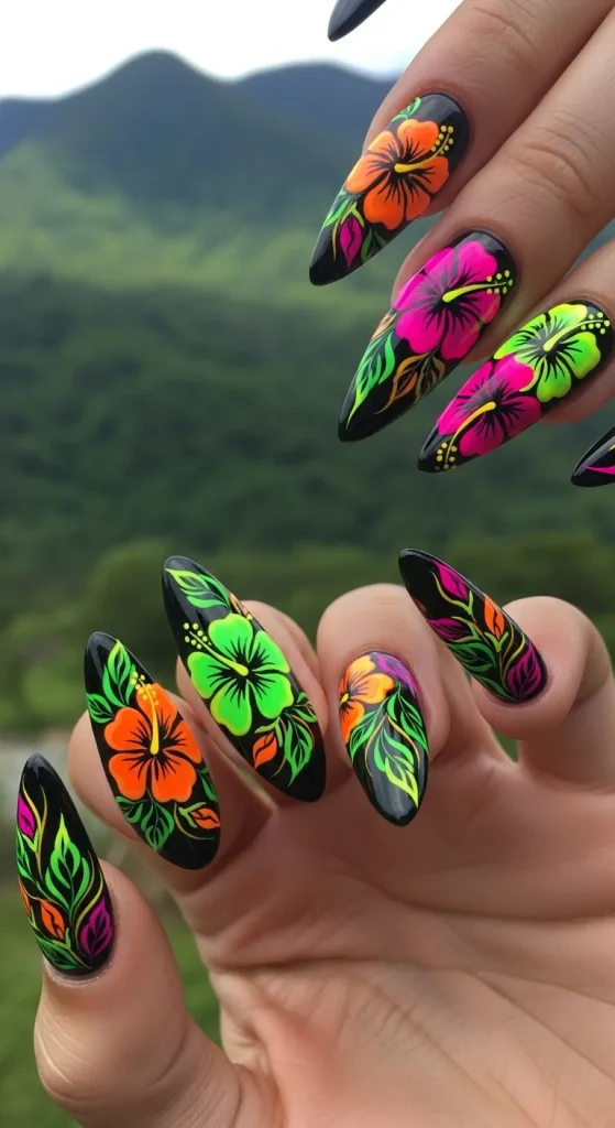Neon Hibiscus Flower Nails