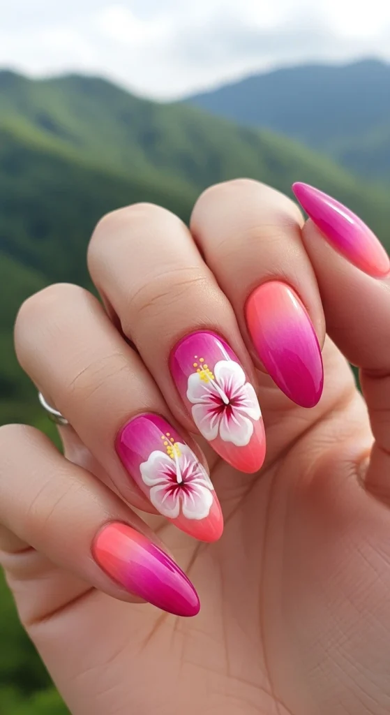 Ombre Hibiscus Flower Nails