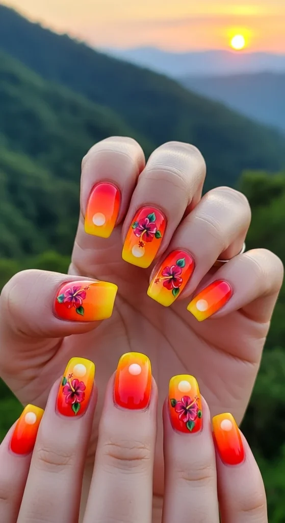 Orange Sunset Hibiscus Nails
