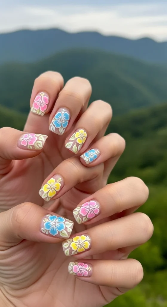 Pastel Hibiscus Flower Nails