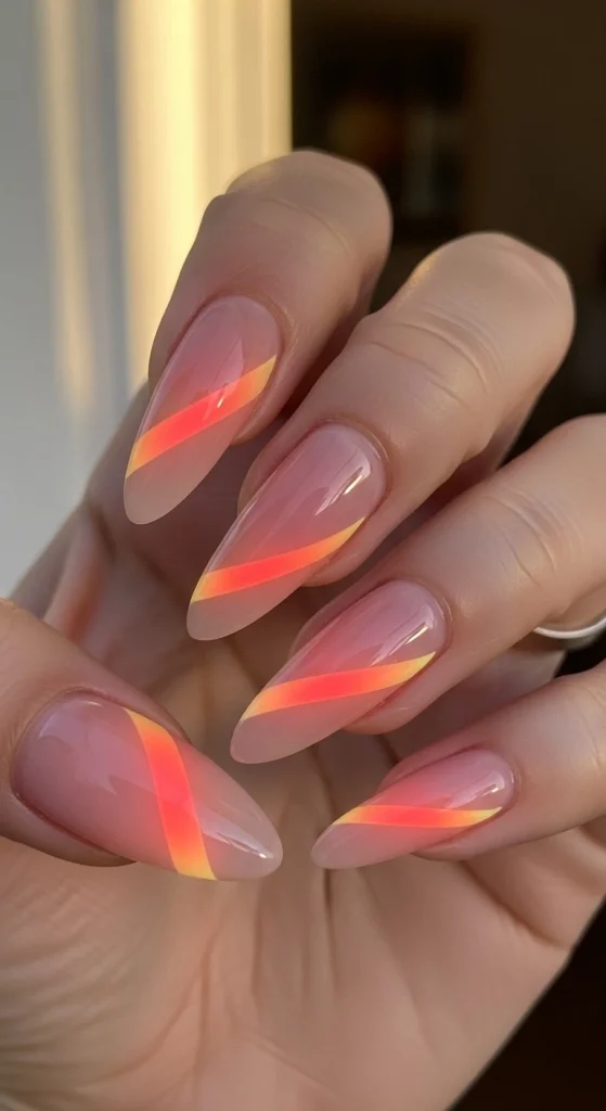 Peachy Coral Glow Stripe Nails