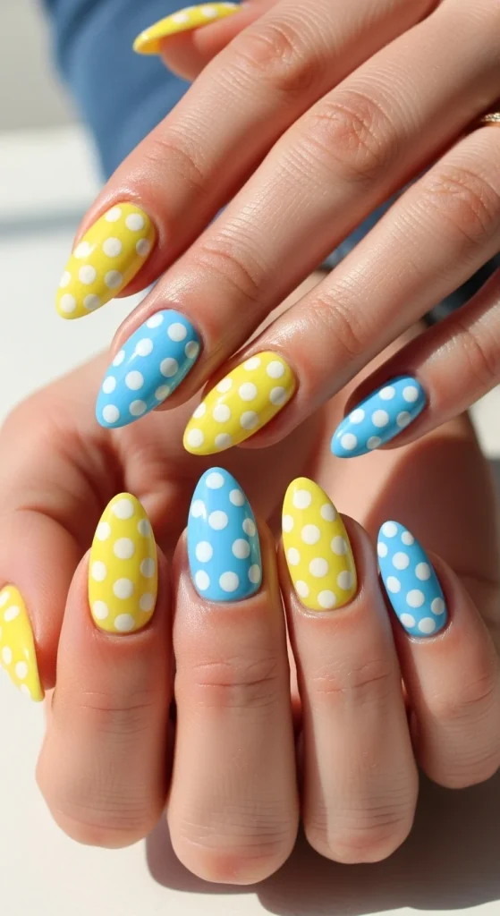 Polka Dot Lemon and Blue Nails