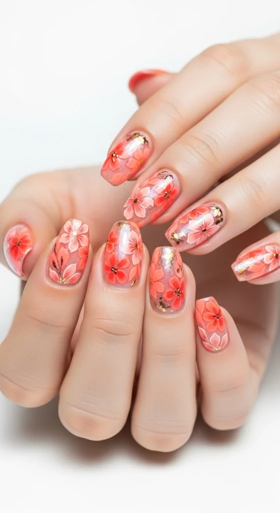 Radiant Coral Bloom Nails