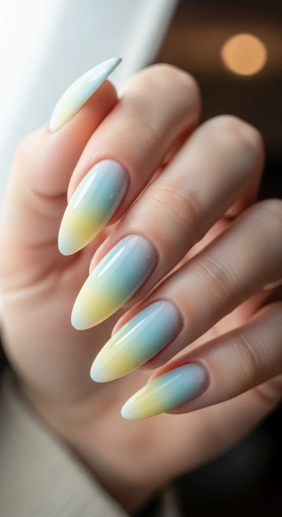 Soft Blue-to-Lemon Ombre Nails