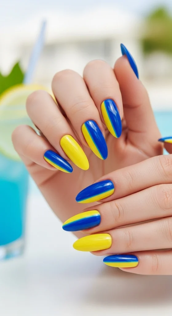 Split-Color Lemon and Blue Nails