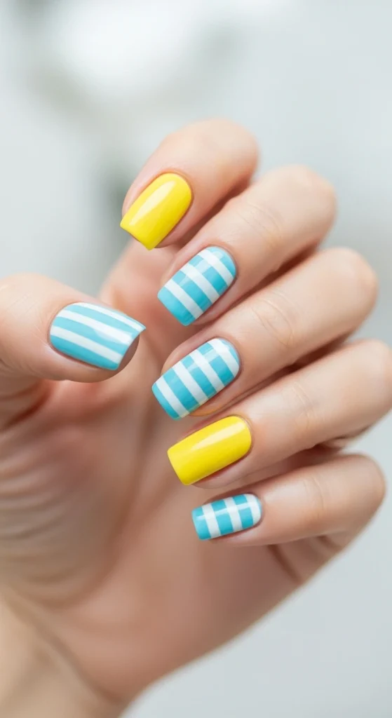 Striped Lemon and Blue Nails