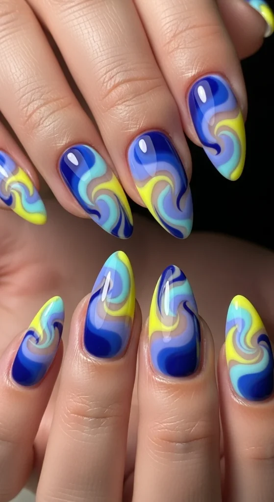 Swirled Lemon and Blue Art Nails