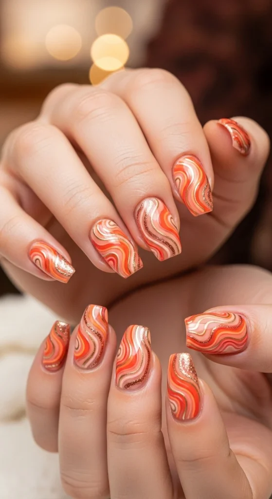 Warm Coral Swirl Nails