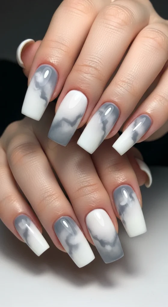 White and Grey Cloudy Blend Nails