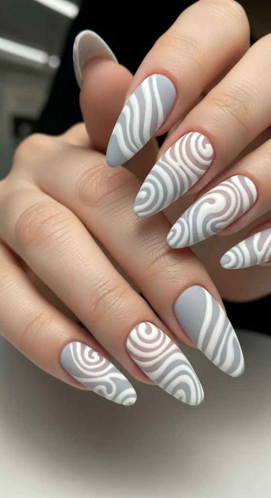 White and Grey Frosted Swirl Nail