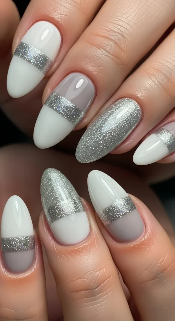 White and Grey Glint Band Nails
