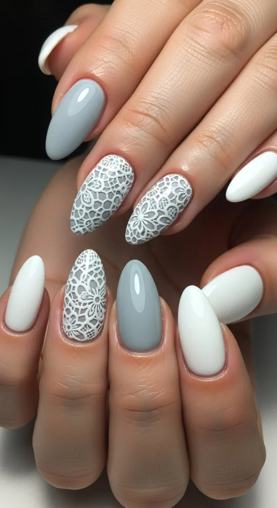 White and Grey Lace Accent Nails