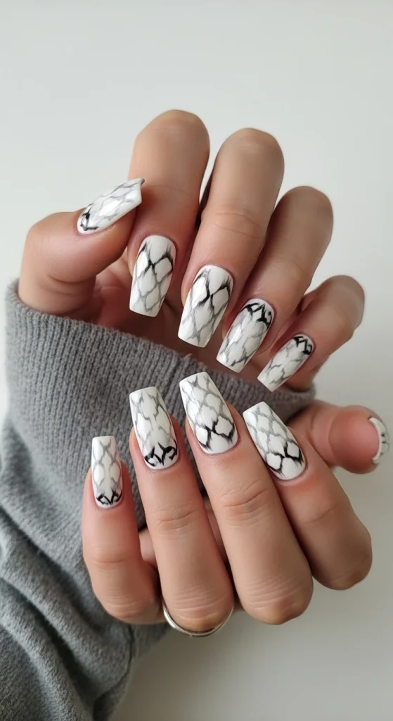 White and Grey Mist Pattern Nails
