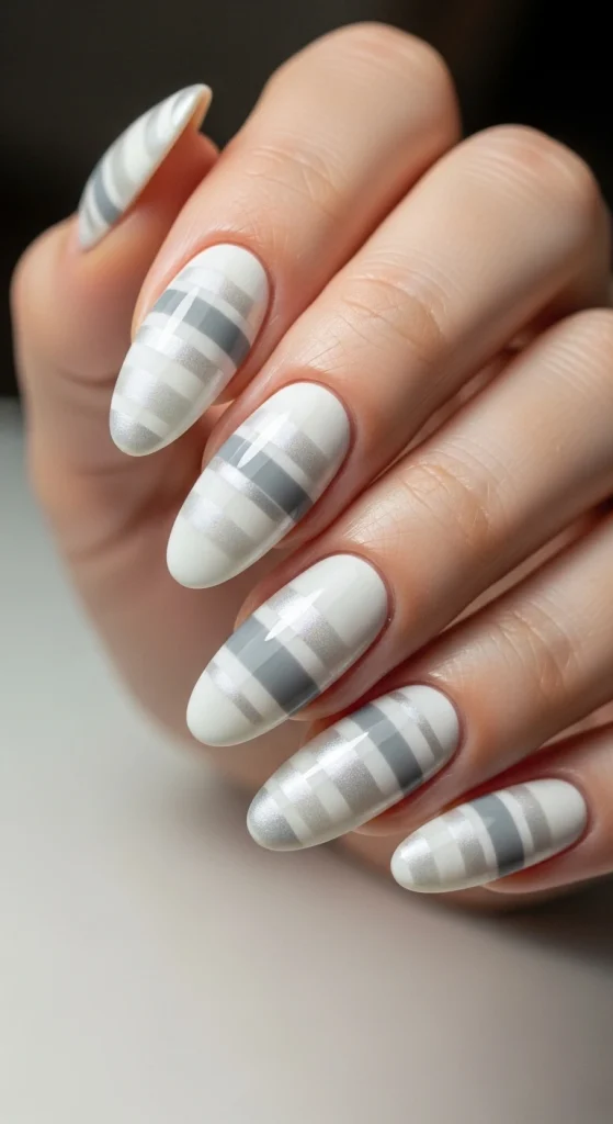 White and Grey Pearl Stripe Nails