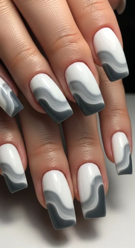 White and Grey Shadow Wave Nails