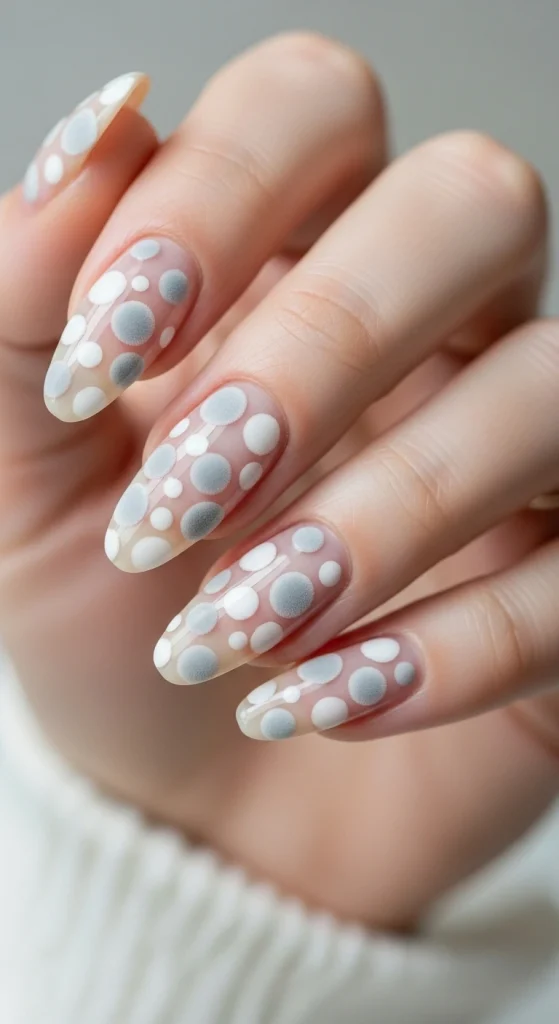 White and Grey Velvet Dot Nails