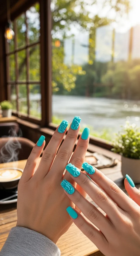 3D Sculpted Tiffany Blue Nails