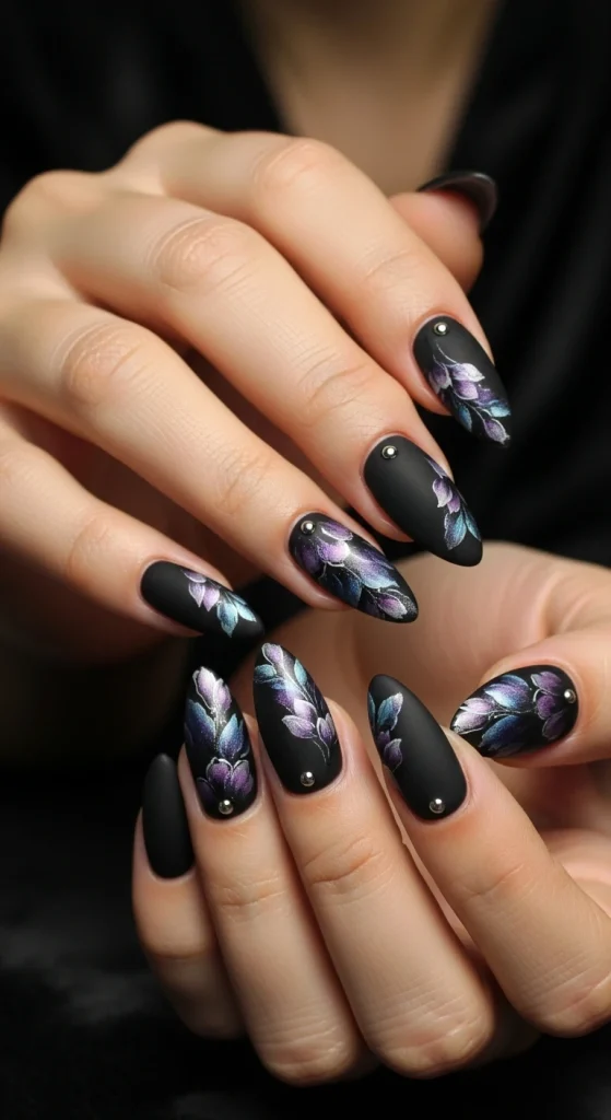 Black Aura Floral Nails