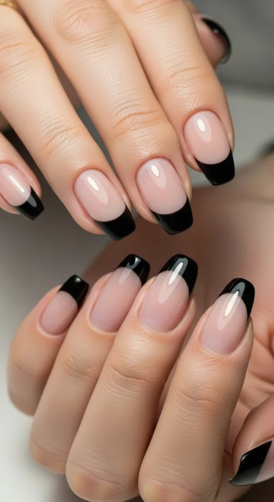 Black French Tips with Clear or Nude Base