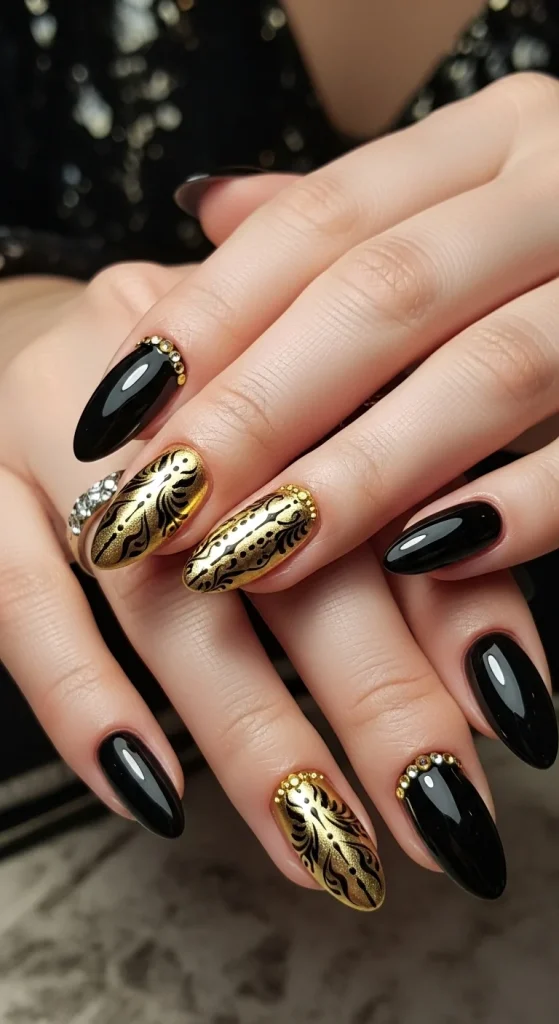 Black and Gold Accent Nails for Luxe Drama