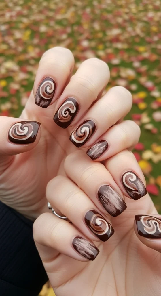 Chocolate Brown Swirl Nails